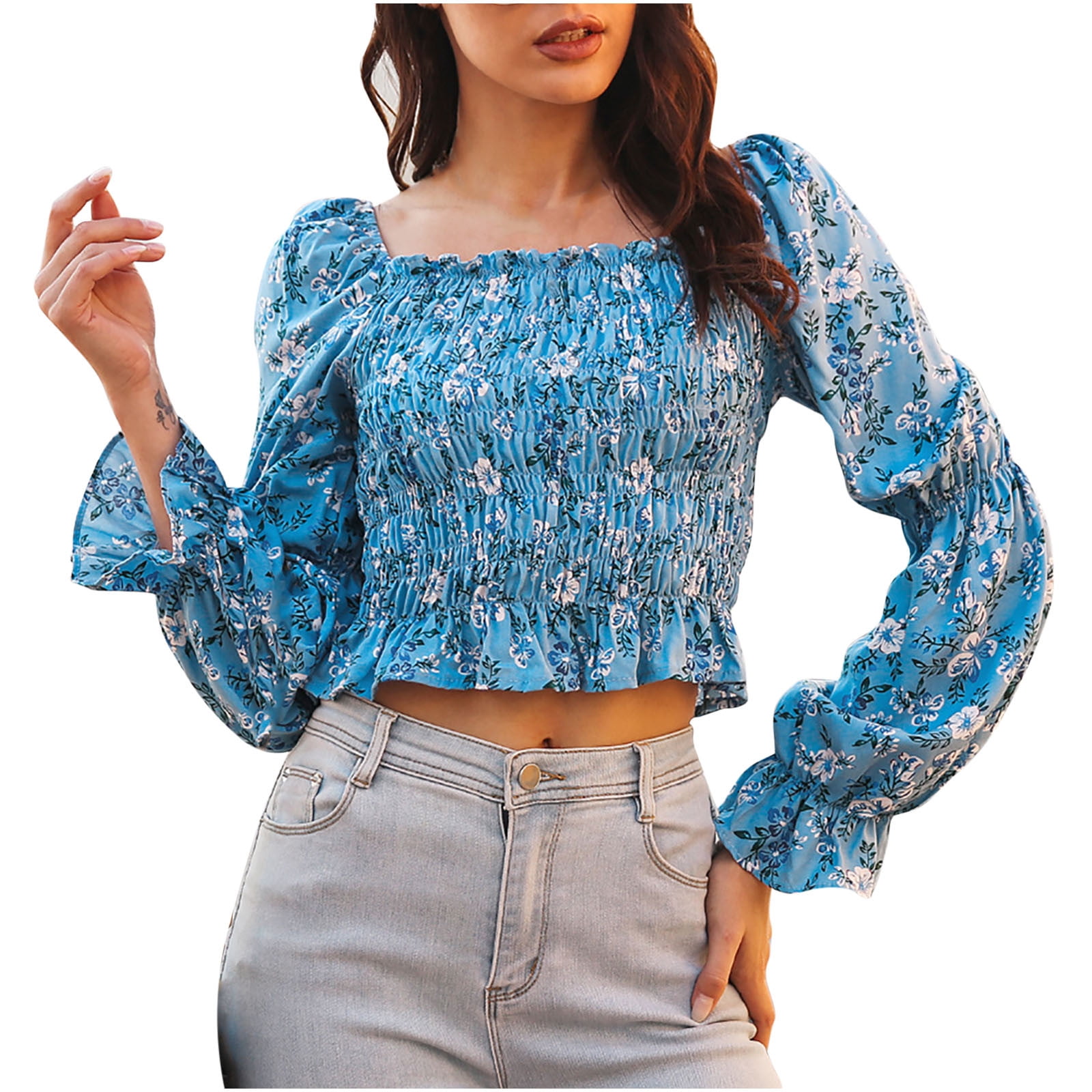 Square Neck Puff Sleeve Crop Top, Women Square Neck Floral Print Lantern Long  Sleeve Back Tie Up Bowknot Crop Top Blouse 