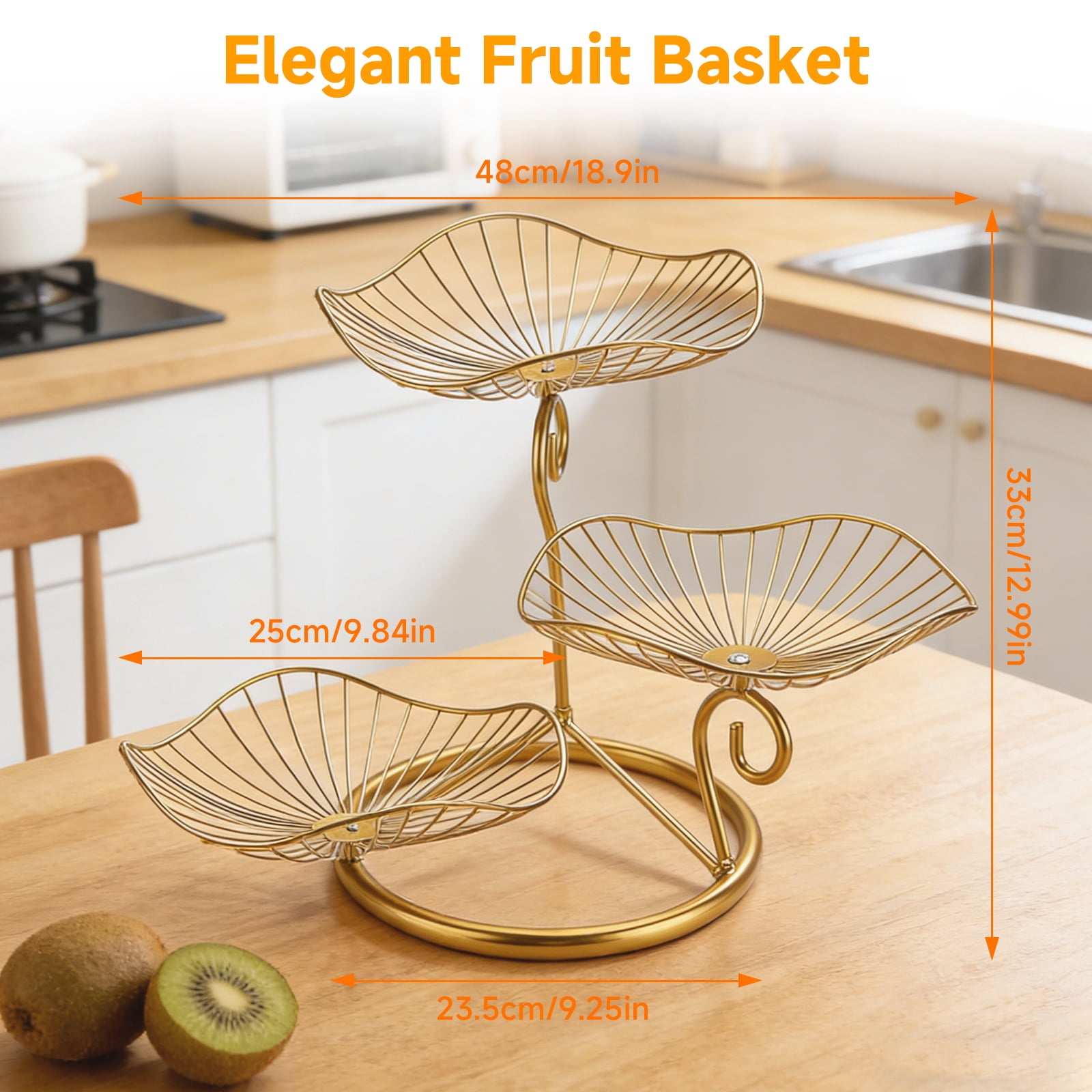 3-Tier Fruit Basket,Detachable Metal Fruit Vegetable Organizer Stand  for Kitchen Counter, Bread, Snacks, Utensils, Gold