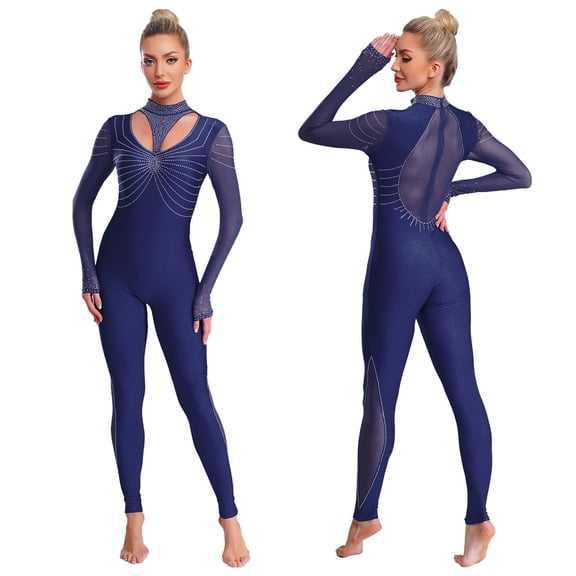 Aislor Women's Rhinestone Unitard One Piece Dance Bodysuit Gymnastics Leotard Figure Ice Skating Jumpsuit Navy Blue XL