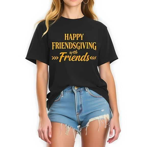 Cotton Short Sleeve T-Shirt with Gold " Happy Friendsgiving with Friends " Inscription & Flourishes - Casual Festive Tee for Celebrations