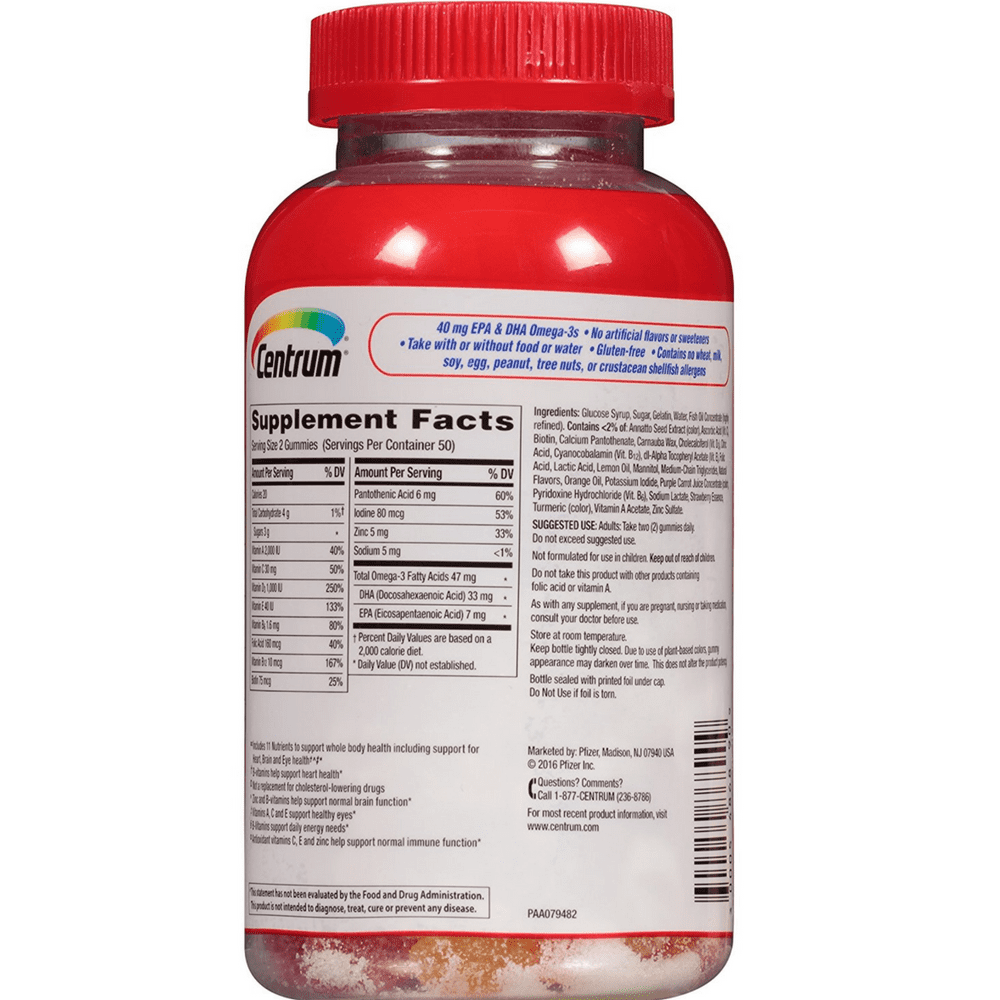 Centrum MultiGummies Multi + Omega-3 Gummy Multivitamin 100 ea (Pack of 3)  - Walmart.com