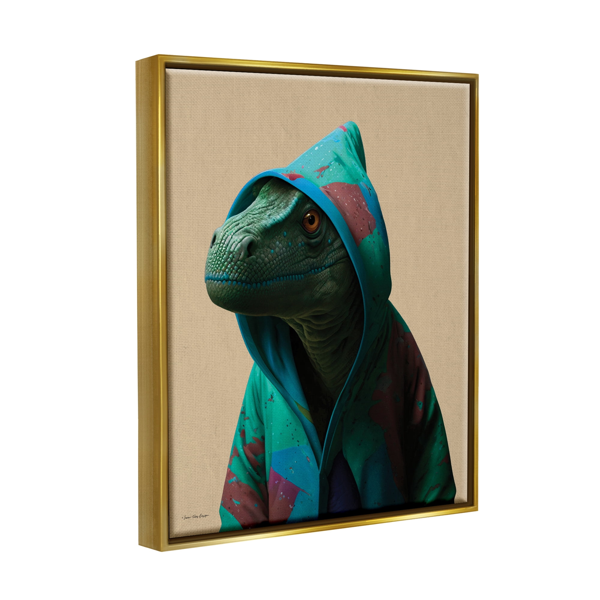 Stupell Industries Dinosaur in Stylish Hoodie Animals & Insects Painting Gold Floater Framed Canvas Art Print Wall Art, 25 x 31