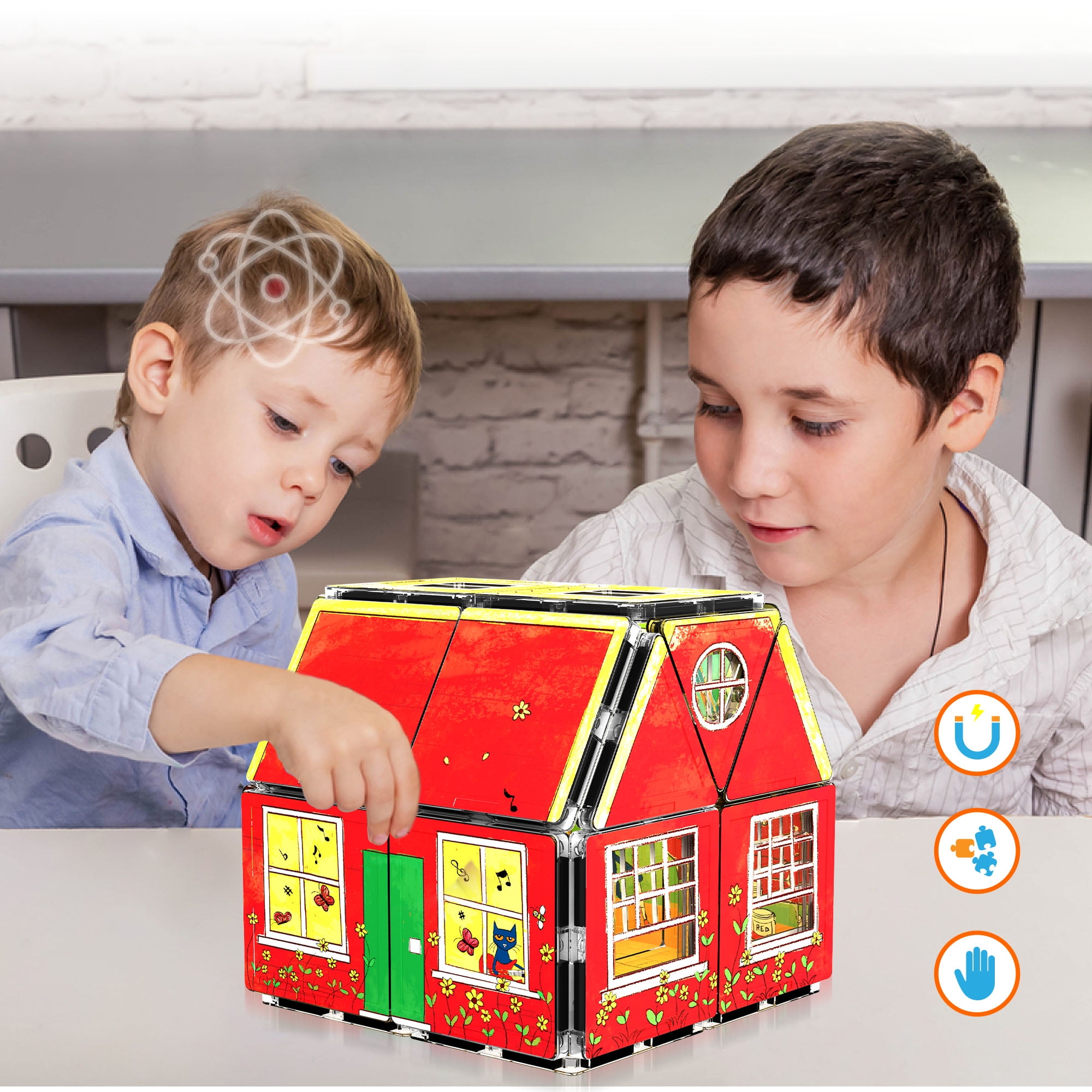 PicassoTiles Pete The Cat Magnetic Tiles, Home Theme Building Blocks with Double-Sided Printing, STEM Educational Toy for Toddlers Boys & Girls 3+