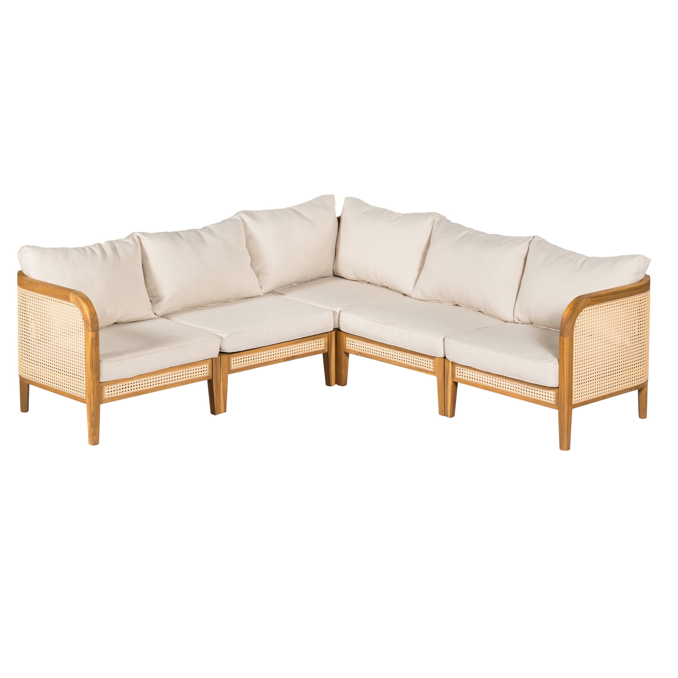 Christopher Knight Home 5 Pieces V-Shaped Outdoor Sofa Set, Wood Frame, Cane Accents and Cushions, Teak+Beige