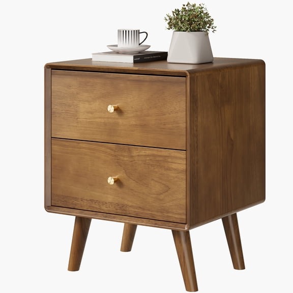 Solid Wood Nightstand with 2 Drawers, Mid Century Modern Night Stand, Walnut Wooden Bedside Table End Tables for Bedroom