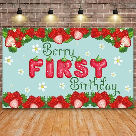 5.9×3.6FT Berry First Birthday Backdrop Strawberry Daisy Party Decoration Banner Berry Sweet Girl 1st Birthday Baby Shower Photography Background for Cake Table Supplies