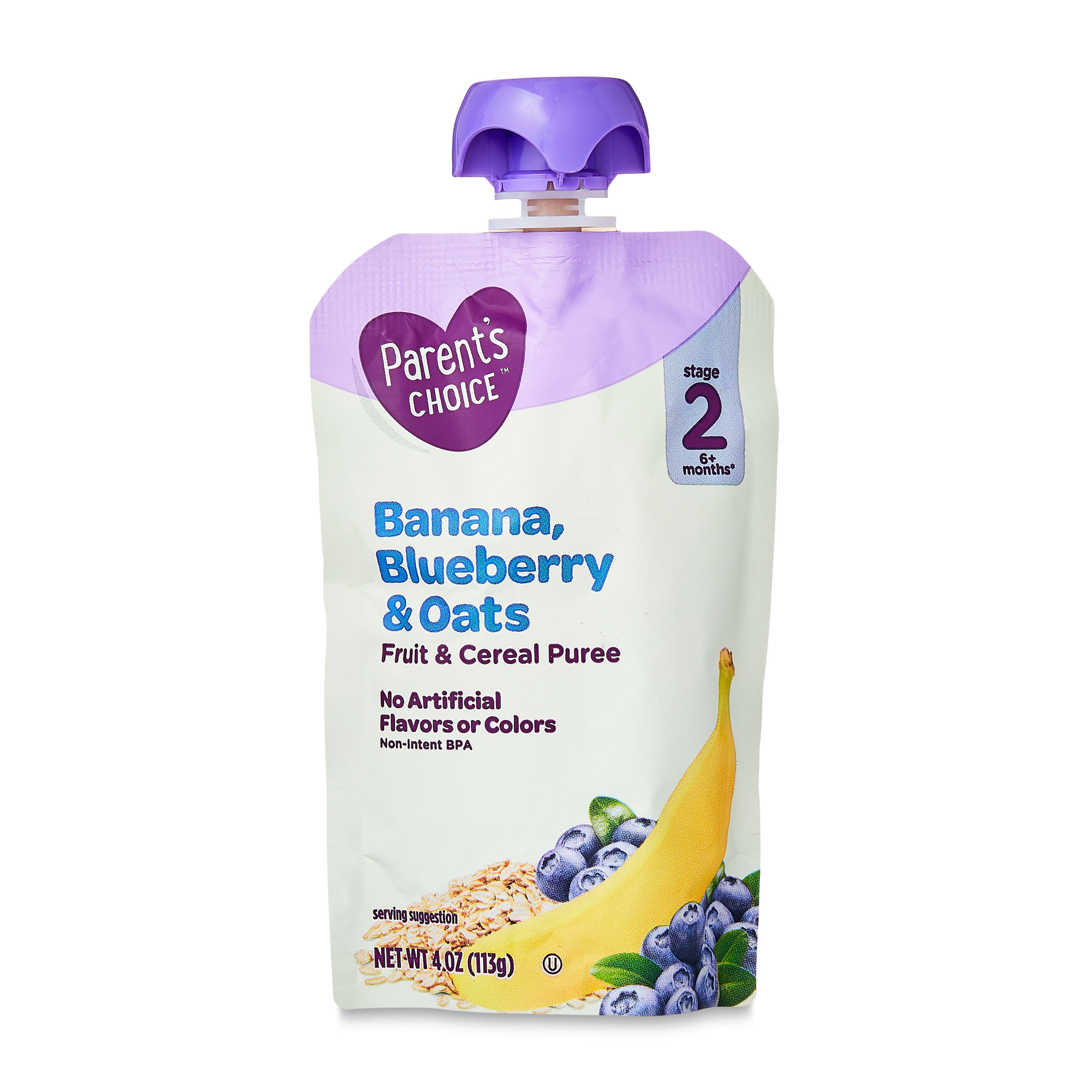 Parent's Choice Stage 2 Baby Food Banana Blueberry Oats Fruit and Cereal Puree, 4 oz Pouch, 4 Pack