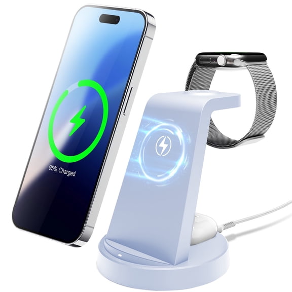 3 in 1 Wireless Charger for iPhone, 15W Fast Charging Station Compatible with iPhone 17 16 15 14 13 12, Compatible with iWatch, Compatible with Airpods, Blue