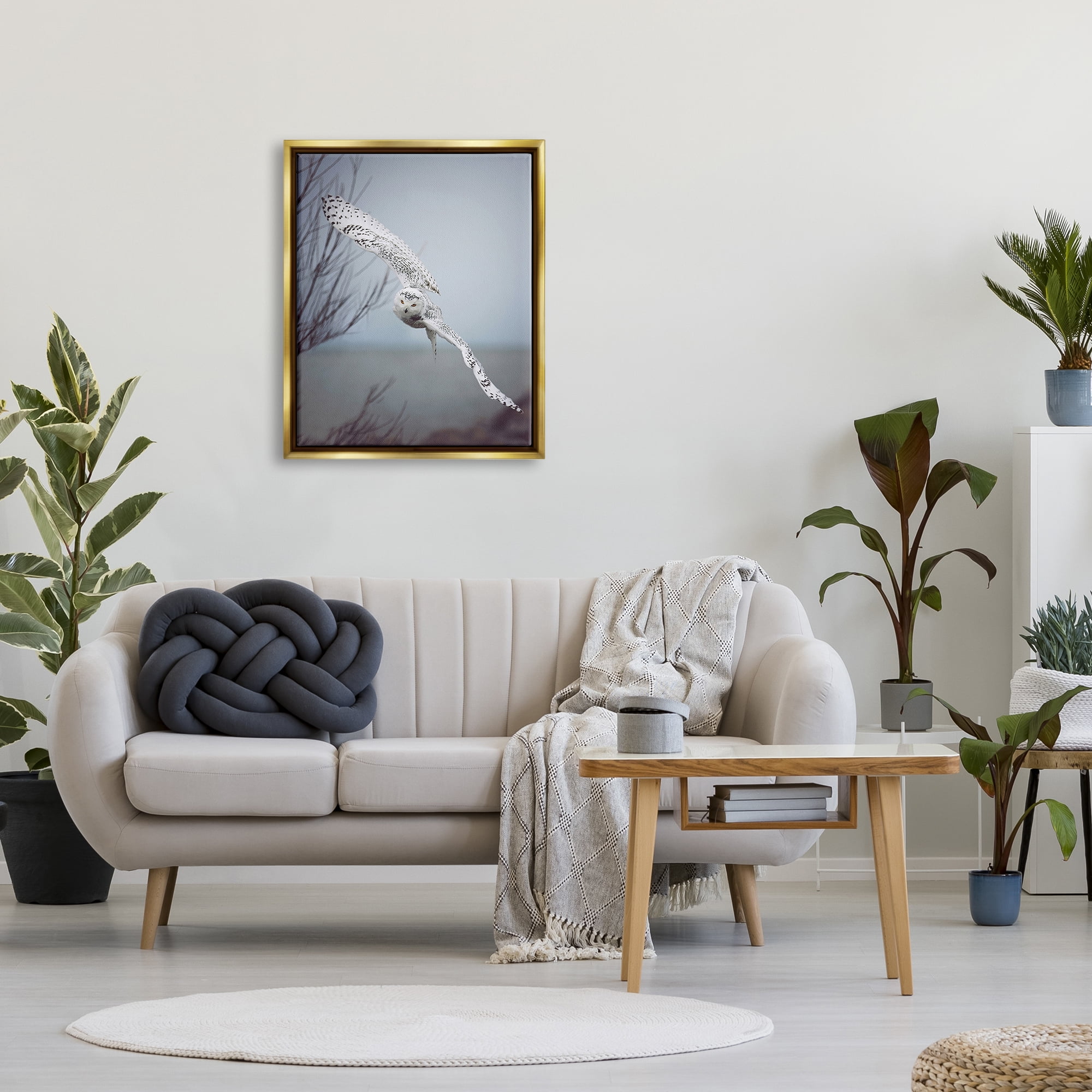 Stupell Industries Majestic Snowy Owl Flying Wingspan Wildlife Photography Photograph Metallic Gold Floating Framed Canvas Print Wall Art, Design by Carrie Ann Grippo-Pike