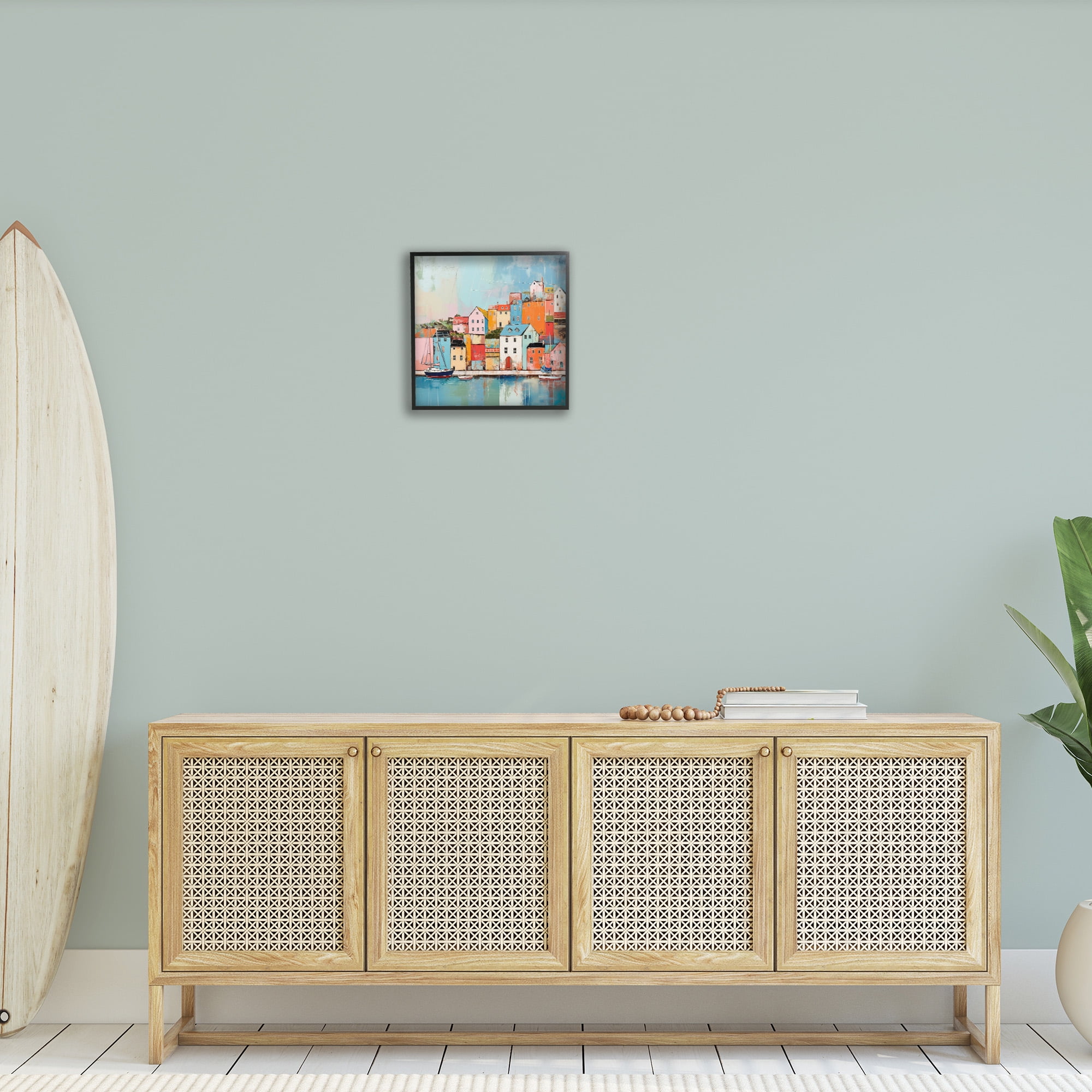 Stupell Industries Seaside Neighborhood Painting Transportation Painting Black Framed Art Print Wall Art, 17 x 17