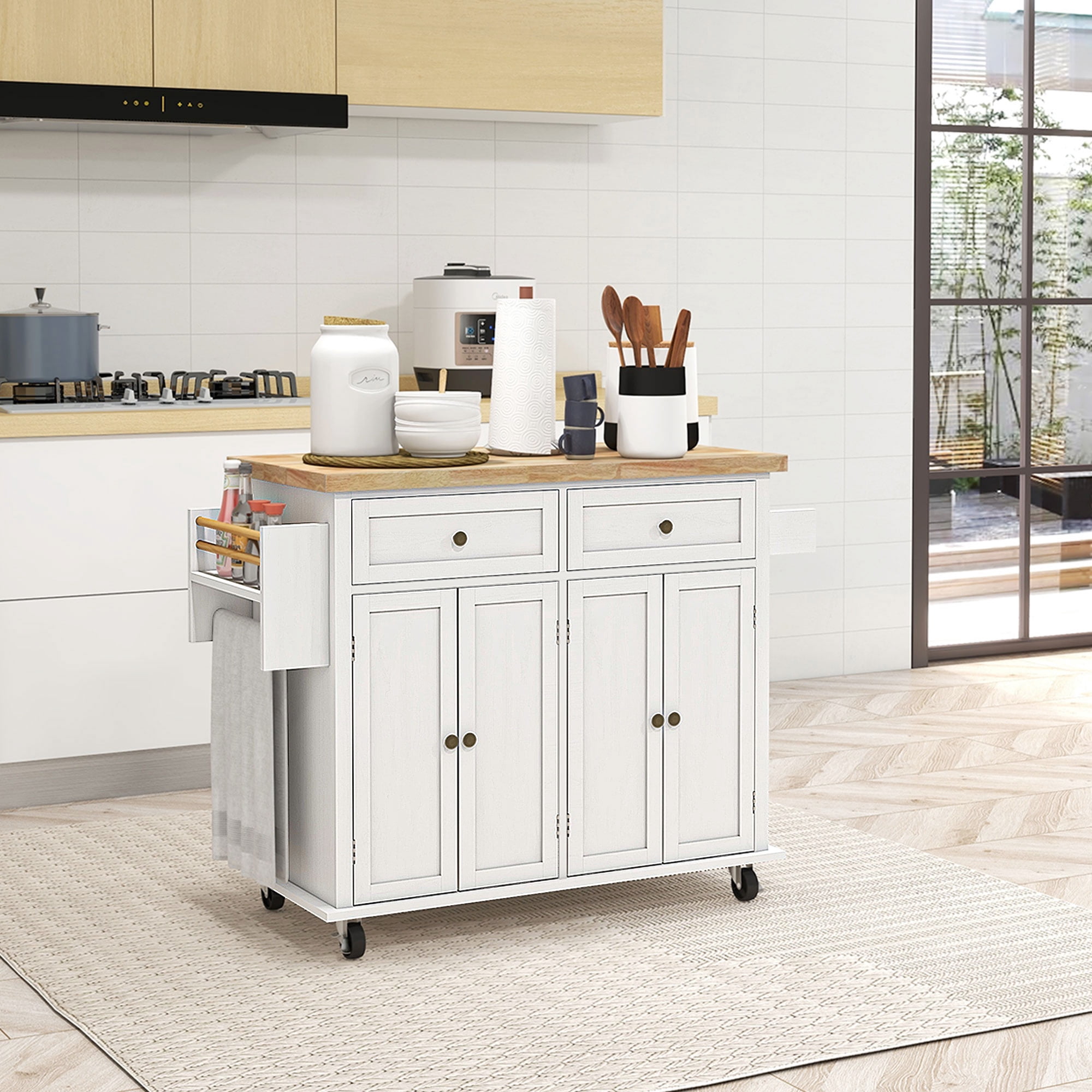 HOMCOM Rolling Kitchen Island Cart with Rubber Wood Top, Spices, and Towel Rack