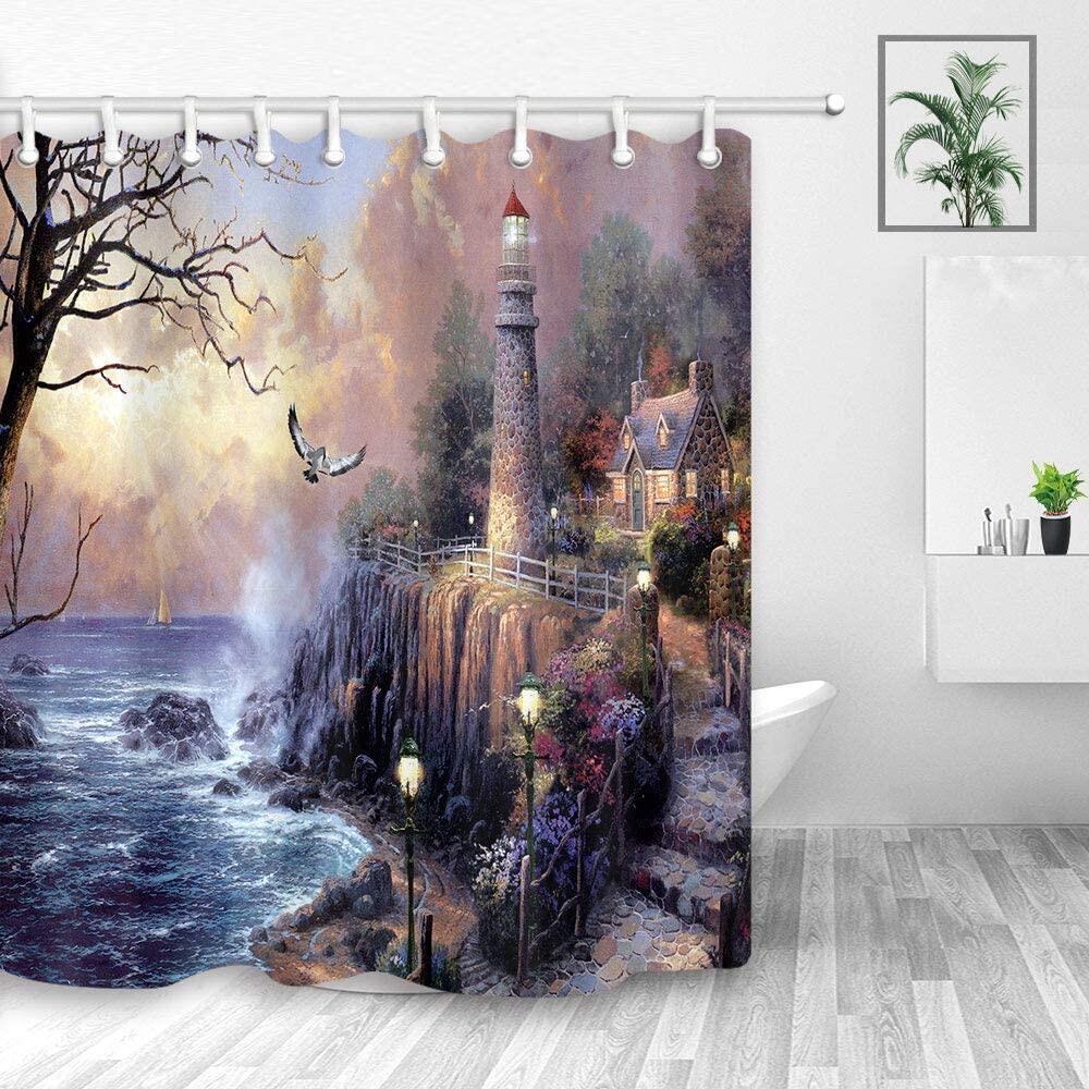 Lighthouse Shower Curtains Set Painting Lighthouse by Ocean Coast with