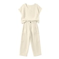 thumbnail image 6 of Miluxas Women's Summer Two Pieces Suits Set Round Neck Short Sleeve Top Wide Leg Pants Business Casual Outfits Sets Beige, 6 of 9