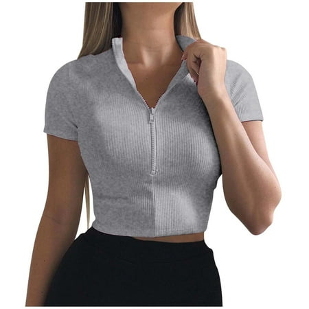 Plus Size T Shirts Women Ladies Sexy Lace Mesh Short Sleeve Zip Front Bodysuit Tops Leisure Oversized Tshirts Women Grey M