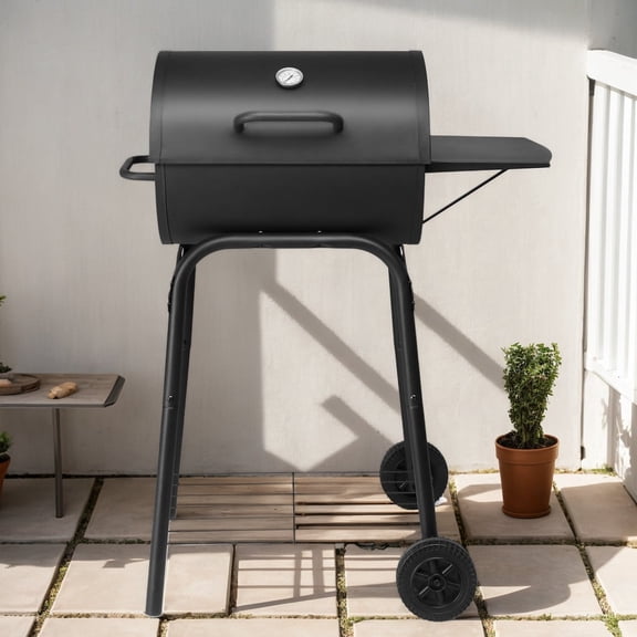 Outdoor Barrel Charcoal Grill with Side Table & Wheels, Multipurpose BBQ Grill for Camping & Parties