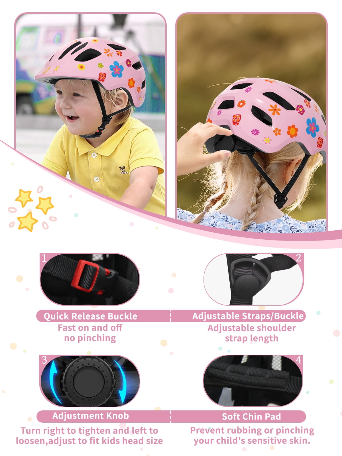 KORIMEFA Kids Bike Helmet Set Skateboard Knee Pads, Helmet Pad Set Protective Gear Set Adjustable for Girls Kids 1-8 Helmet Elbow Pads Wrist Guards for Sport Cycling Bike Roller Skating Scooter