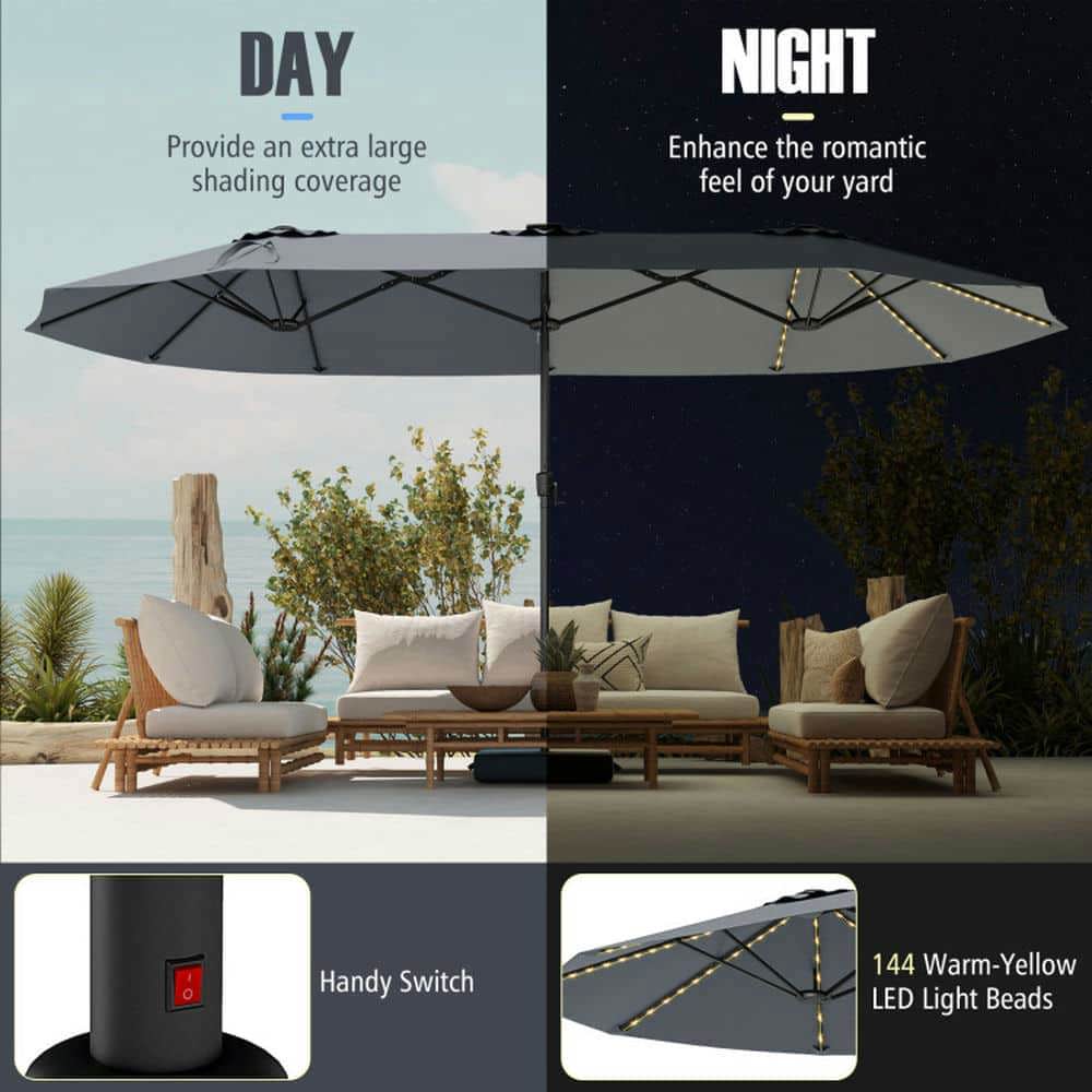 Demifill 15.5 FT Extra-Large Patio Umbrella, Outdoor Shade with LED Solar Lights and Crank Handle for Outdoor, Gray