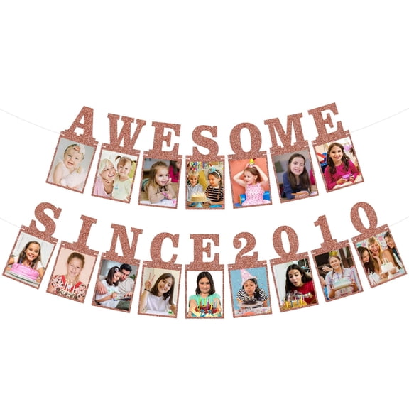 Pre-strung Awesome Since 2010 Photo Banner Birthday Decorations for Girls Women- Pink Rose Gold Glitter Sweet 16th Birthday and Anniversary Decorations Party Supplies