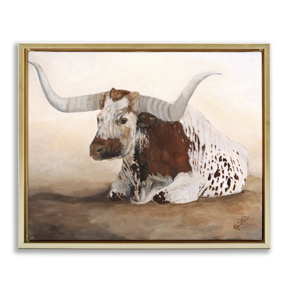 Stupell Industries Rustic Lodge Longhorn Cattle Resting Gold Floating Frame Canvas Art, 21 x 17, by Kathy Winkler