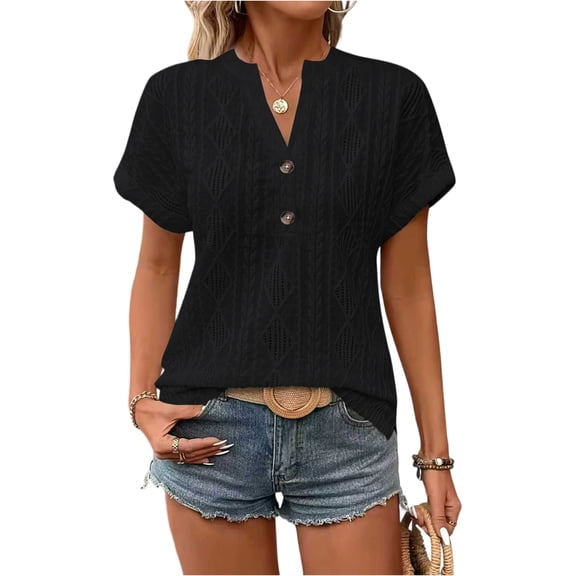 LWavelet Women's Ribbed Knit T-Shirt Short Sleeve Tops V-Neck Casual Slim Fit Lightweight Basic Tee Black L