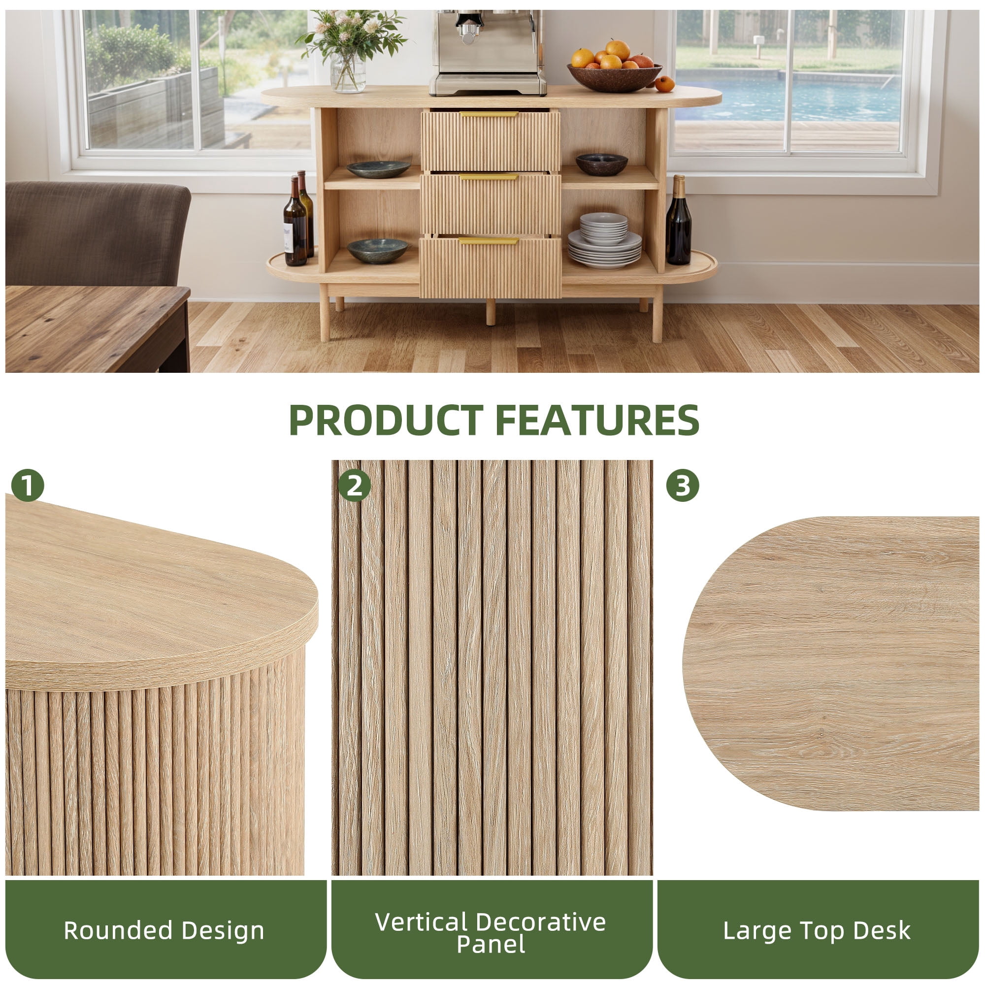 Uforic Fluted Sideboard with Drawers, Modern Buffet Cabinet with Storage & Adjustable Shelves, Oak