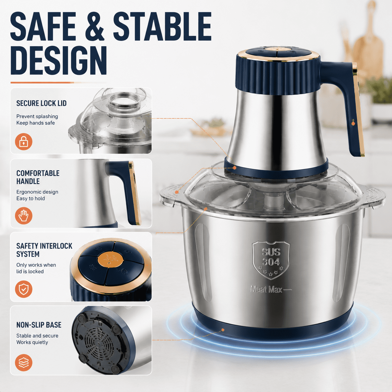 5L Stainless Steel Meat Chopper, 500W Electric Food Processor with 6-Layer Blade System, Large Capacity Meat Grinder for Meat, Vegetables, Garlic, Nuts and Family Meal Prep