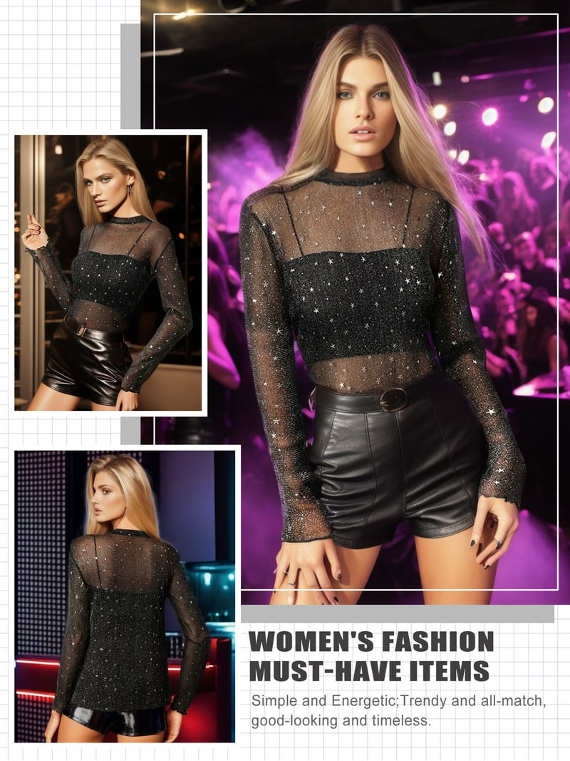 ZXSXSY Glitter Star Sheer Mesh Top for Women Short Long Sleeve