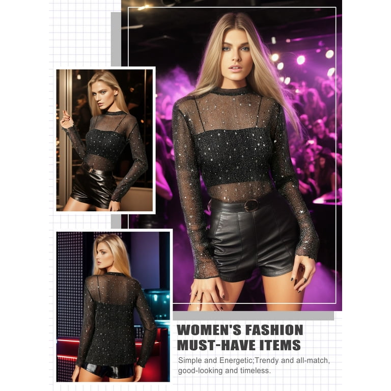 ZXSXSY Glitter Star Sheer Mesh Top for Women Short Long ZXSXSY Glitter Star Sheer Mesh Top for Women Short Long