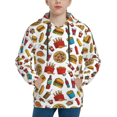 Pofeuu Hot Dog Pizza Print Kids Pullover Hoodies Warm Thick Hooded Sweatshirt with Packet for Boys Girls-Small