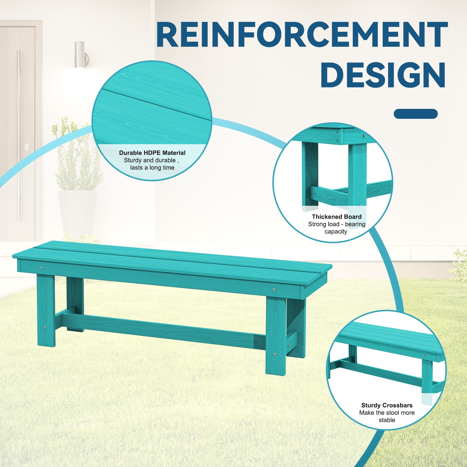 LOYALICE 6 Pieces Patio Furniture Set, HDPE Outdoor Dining Table Set with 1 Bench, 4 Chairs, Durable and Weather-Resistant for Patio, Garden and Balcony Use, Turquoise