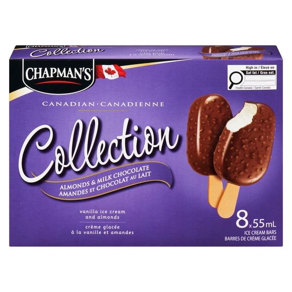 Chapman's Canadian Collection Ice Cream Bars - Vanilla ice cream with Almonds & Milk Chocolate, packaged in a Carton, 8 x 55mL