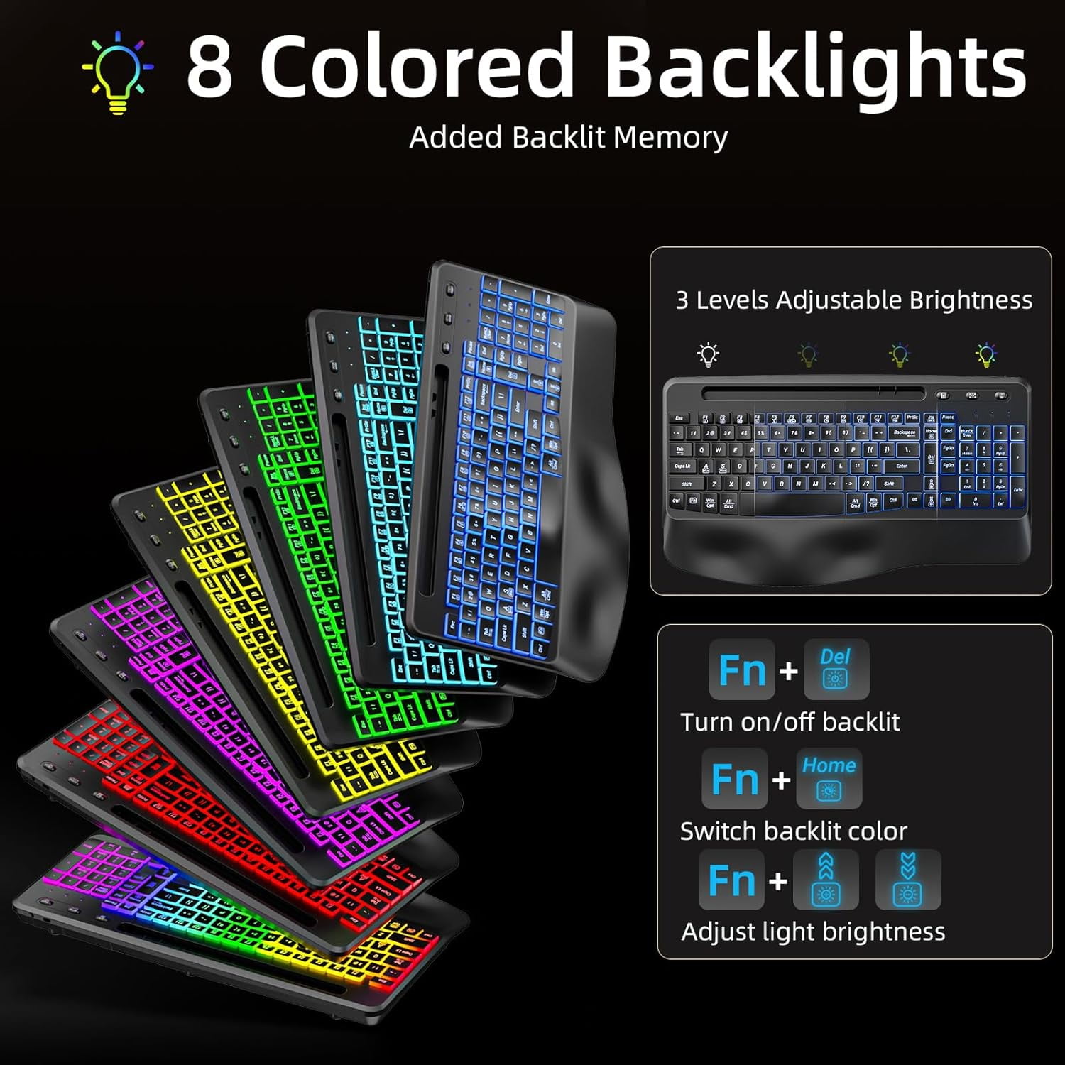 GEAK Wireless Keyboard and Mouse Comb, 2.4G Full Size Ergonomic Wave Keyboards with Wrist Rest, Quiet Backlit Mice, With Phone Holder, for Computer Tablet, Black