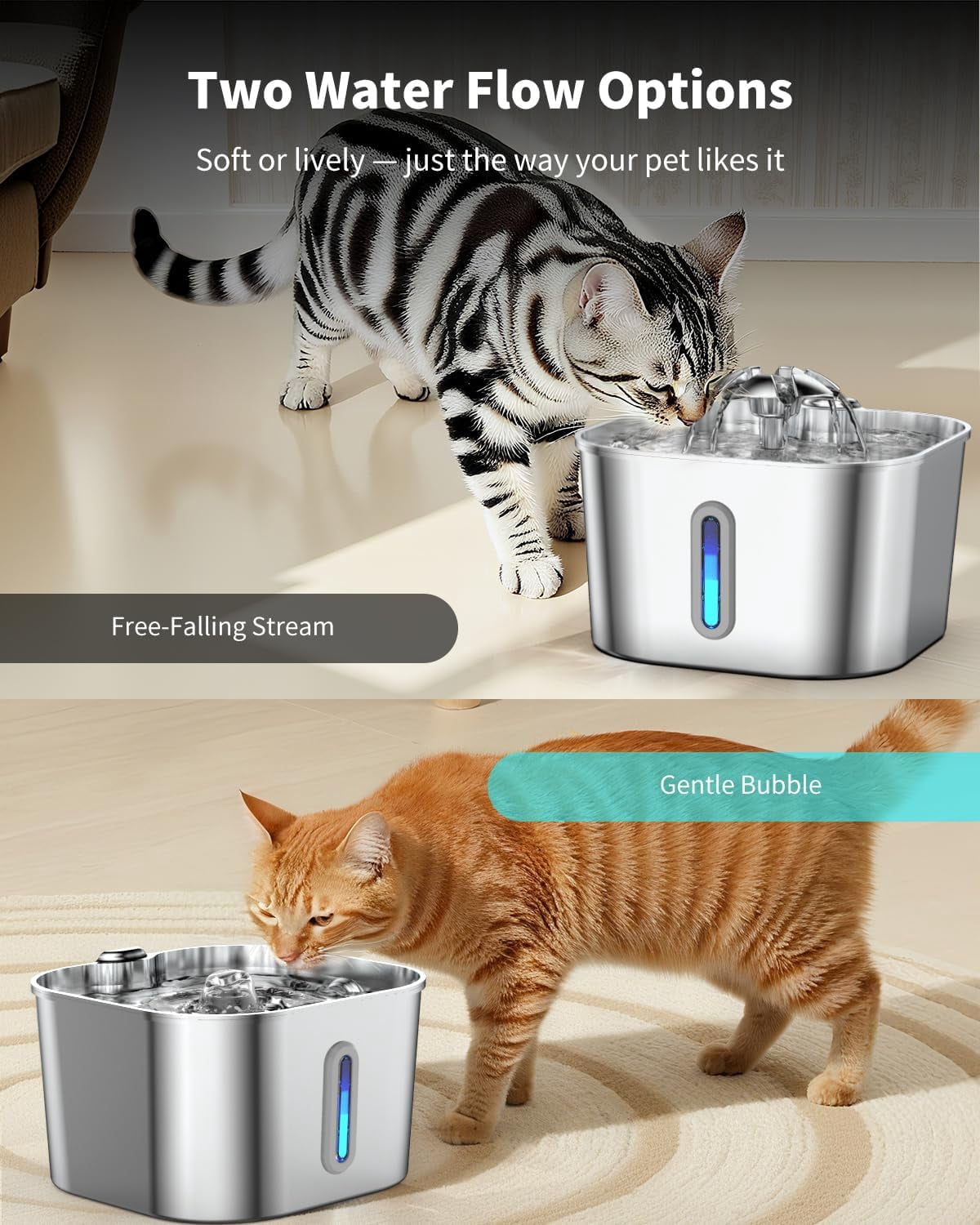 Automatic Quiet Pump Stainless Steel Pet Fountain with Filters and Sponges, 2.2L Capacity for Multi-Cat and Dog Homes