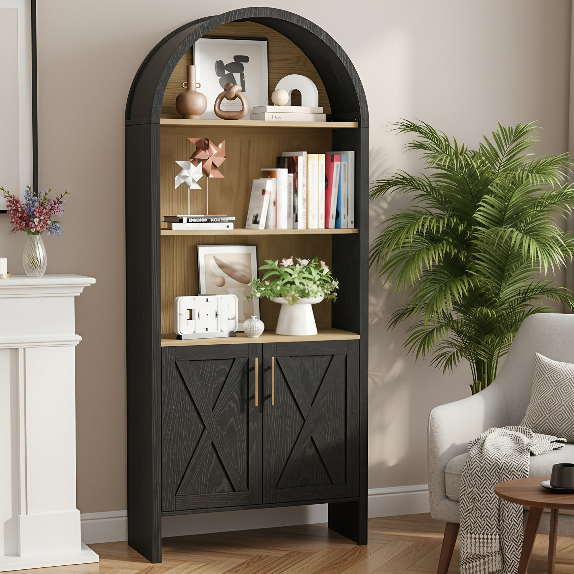 MAYEERTY Arched Accent Cabinet with Cross Panel Doors, Elegant Display for Living Room & Entryway, 60" Black Beech