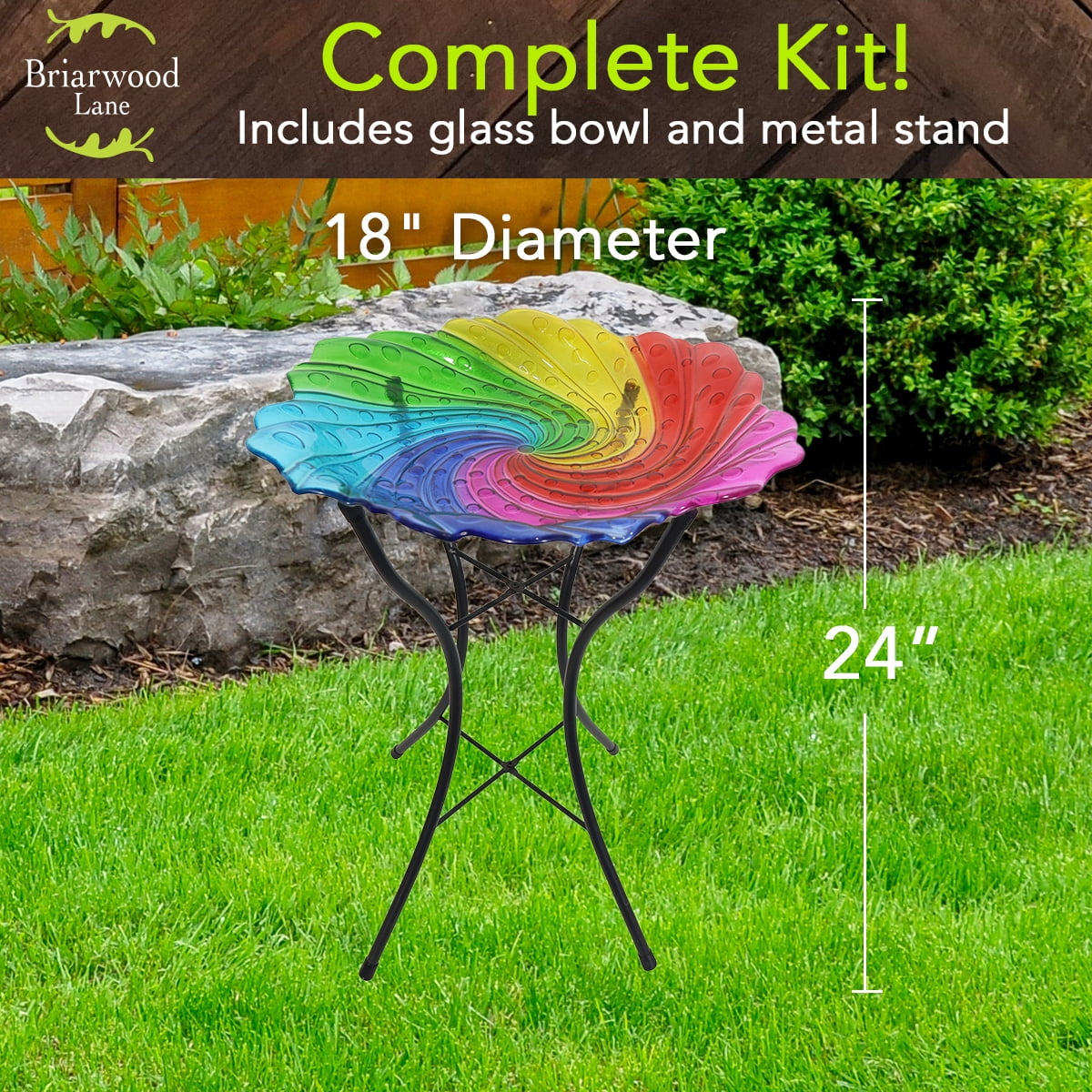 Briarwood Lane Spring Glass Rainbow Swirl Bird Bath Including Metal Stand For Spring Birdbath