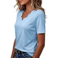 thumbnail image 5 of Levmjia Women Summer Casual Short Sleeve T-Shirt Scallop Neck V-Neck Solid Color Aesthetic Daily Wear Loose Fit Stretch Top, 5 of 7