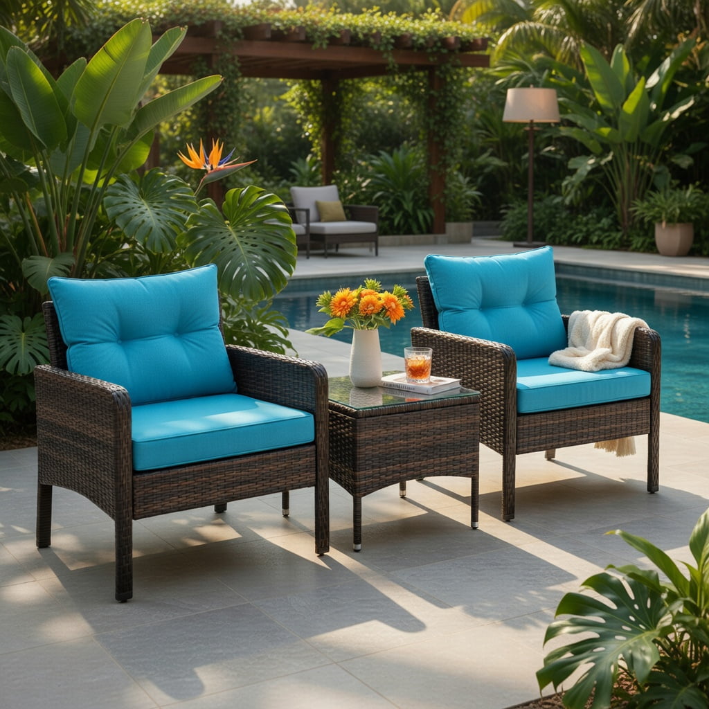 Hommoo 3-Piece Outdoor Wicker Patio Conversation Set, PE Rattan Chairs with Cushions, Tempered Glass Coffee Table for Backyard, Balcony & Poolside, Turquoise