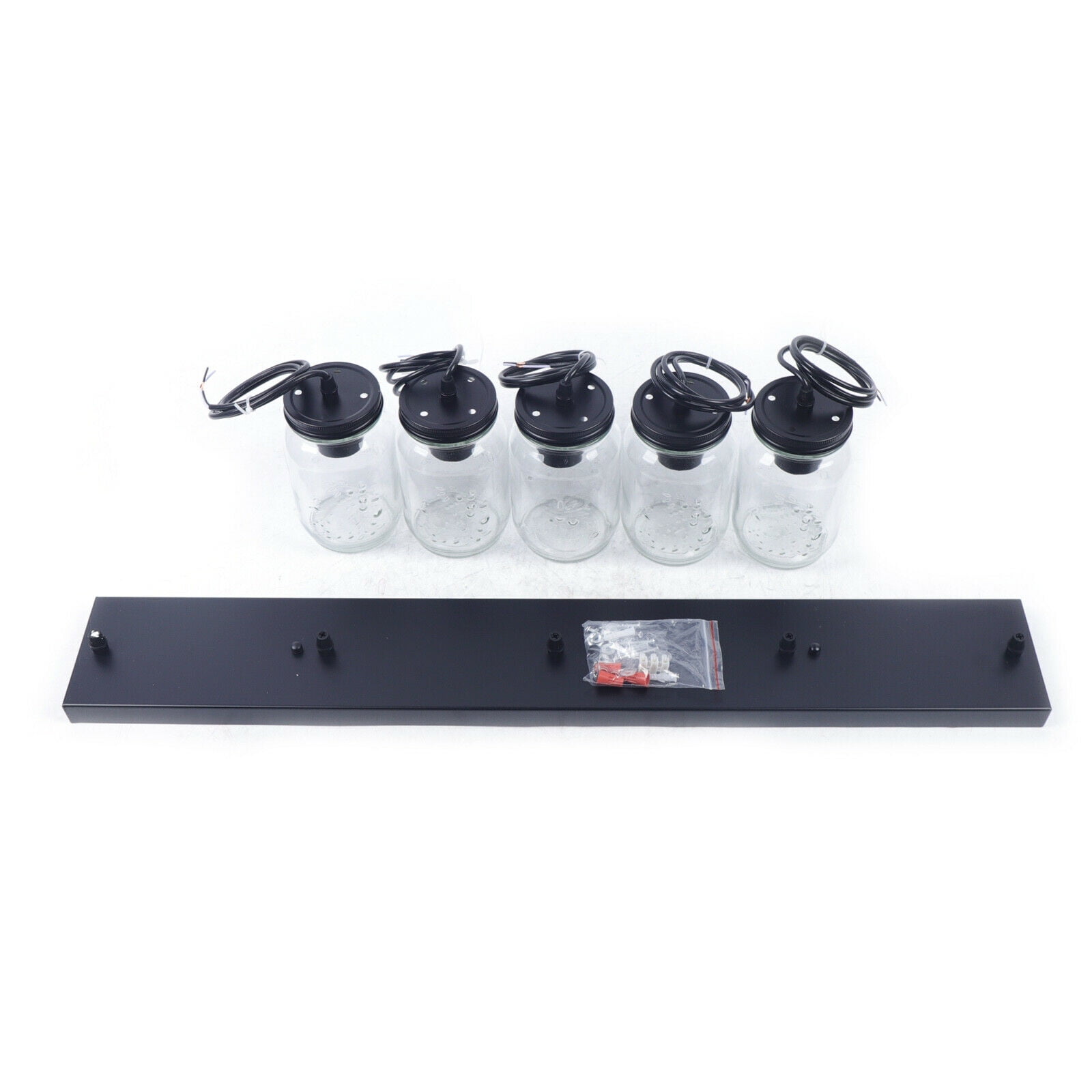 5-Lights Modern Glass Jar Pendant Light Dining Room Kitchen Island Cafe Fixture Chandelier Modern Pendant Lighting Fixture Ceiling Light Black Ceiling Lamp Glass Mason Jar Light Pendant Lamp