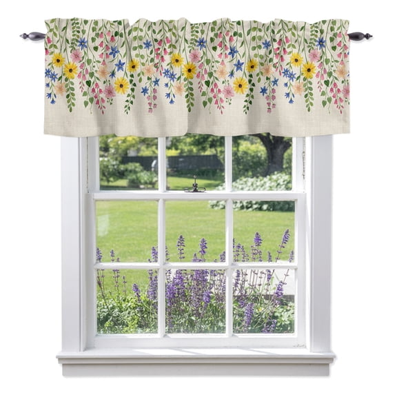 Summer Colorful Flower Valances for Windows, Watercolor Floral Linen Background Valance Window Treatment Rod Pocket Short Curtains Valances for Kitchen Bathroom 42"W x 12"L