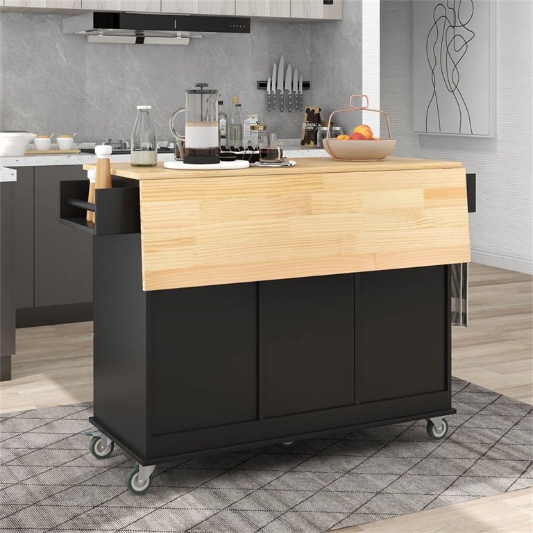 Gray Blue Rolling Mobile Kitchen Island with Solid Wood Top and Lockin