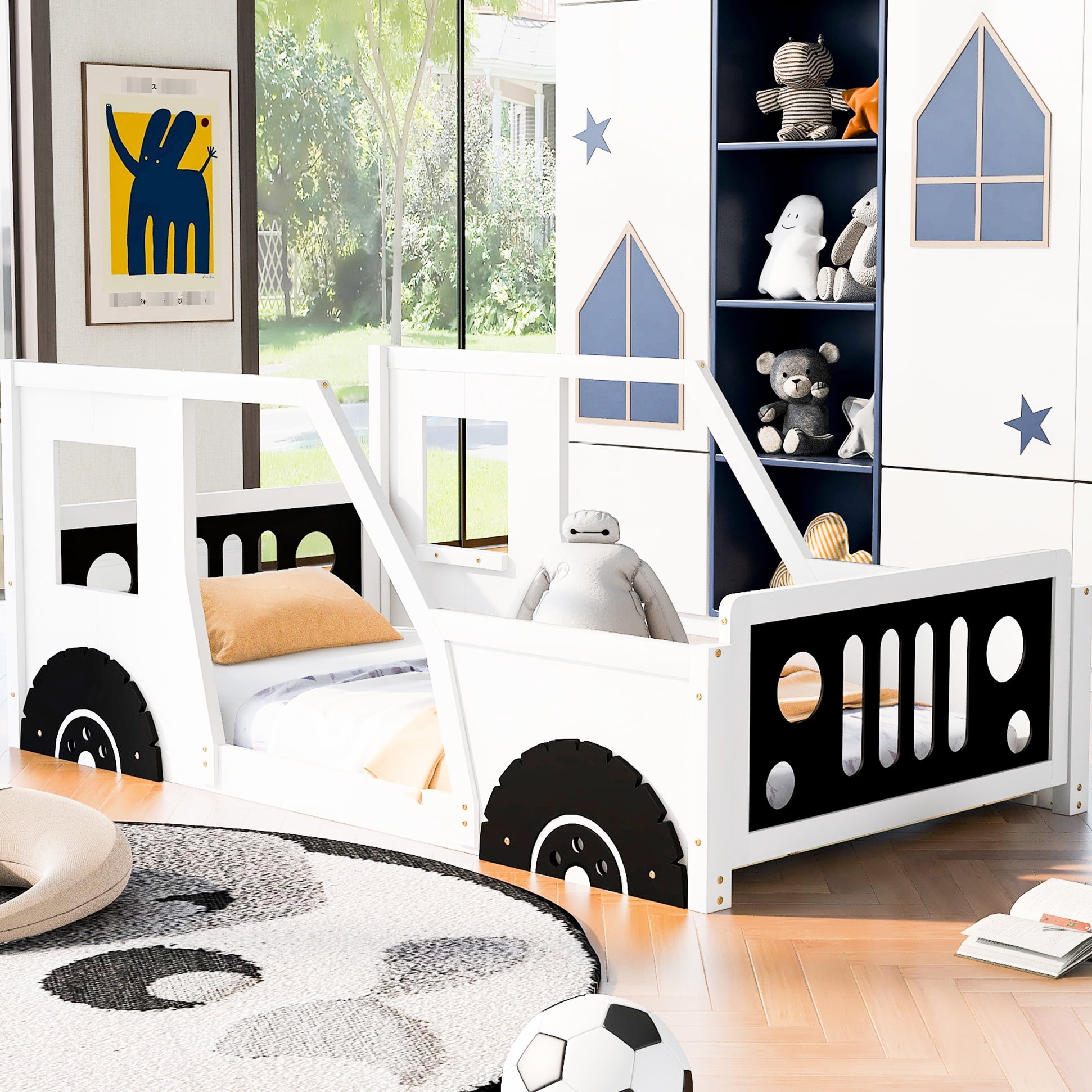 Twin Size Classic Car Bed With Wheels, White - Resilient Pine Wood And Frame For Bedroom Lure Platform Wheels Appeal