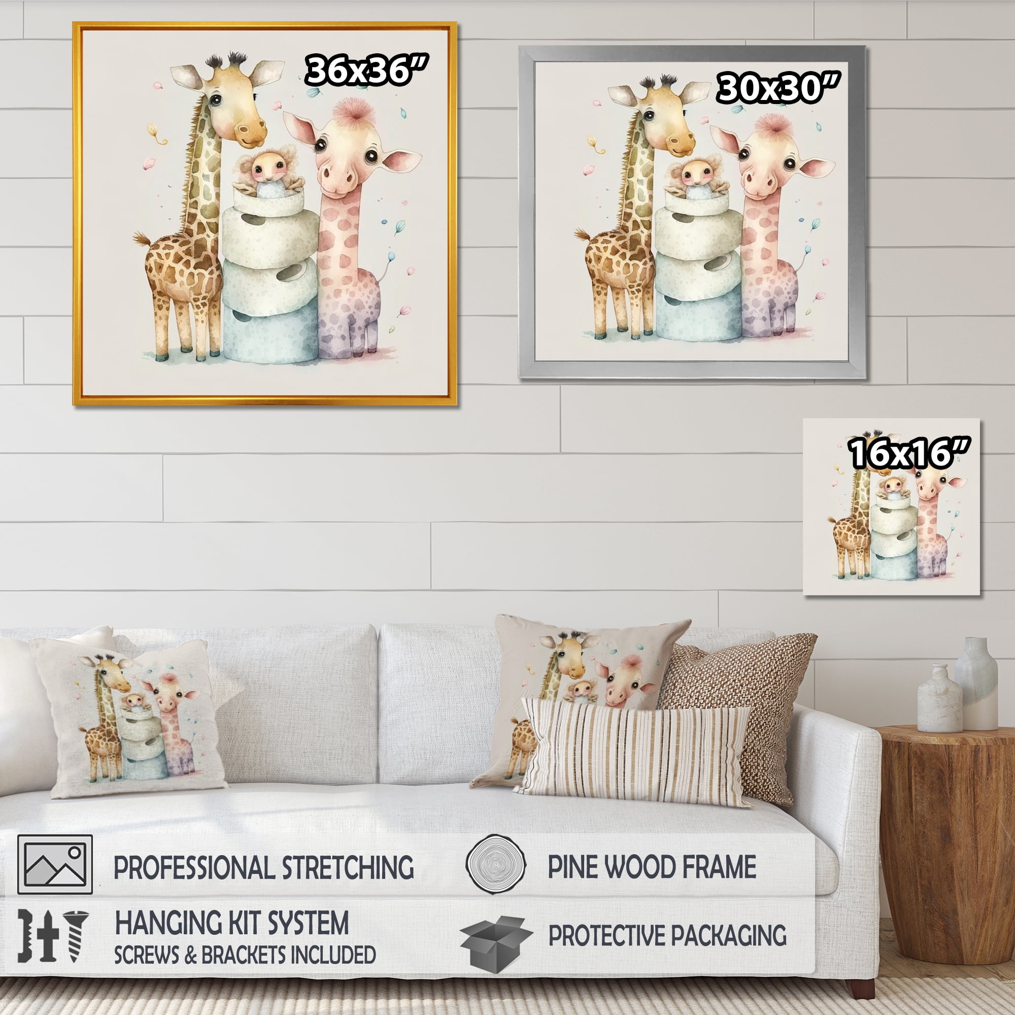 Designart Giraffes Building A Tower Of Toilet Paper Canvas Wall Art