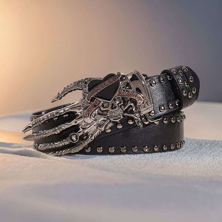 Y2K Punk Skull Buckle PU Leather Beaded Belt Gothic Rivet Belt Punk Rivet Belt with Skull Buckle, Gothic Y2K Style Leather  main image 3