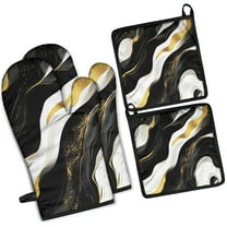 Black and Gold Marble Layered Waves Pattern Kitchen Oven Mitt and Pot Holder Sets 2 Pcs for Baking, Cooking and Grilling, Heat Resistant Up To 392 °F