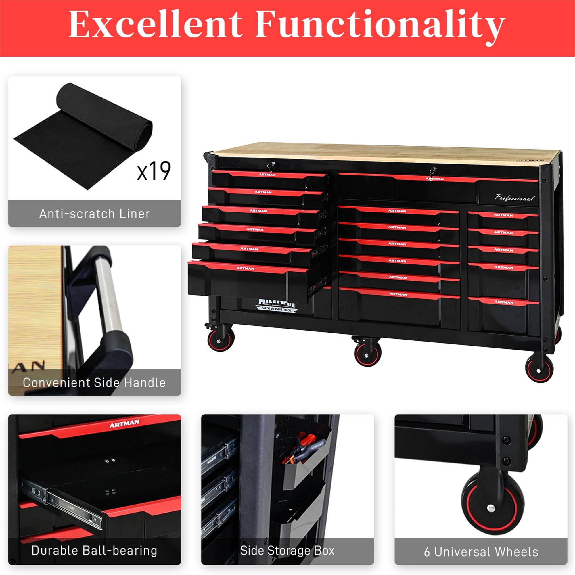 Aukfa 65" Oversized Tool Box, 19-Drawer Rolling Tool Chest with Desktop & Lockable for Garage