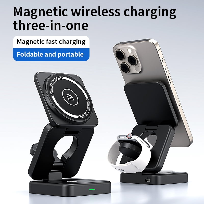 Foldable 3-in-1 Magnetic Wireless Charging Stand for iPhone 17/16/15/14/13/12, Apple Watch All Series, AirPods, 15W Fast Charging, 22.5W Total, N52 Magnets, AI Temp Control, Travel Portable, Black