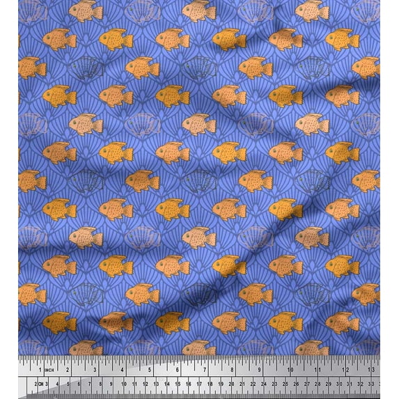 Soimoi Crepe Silk Fabric Fish & Shells Ocean Print Sewing Fabric Yard 42 Inch Wide