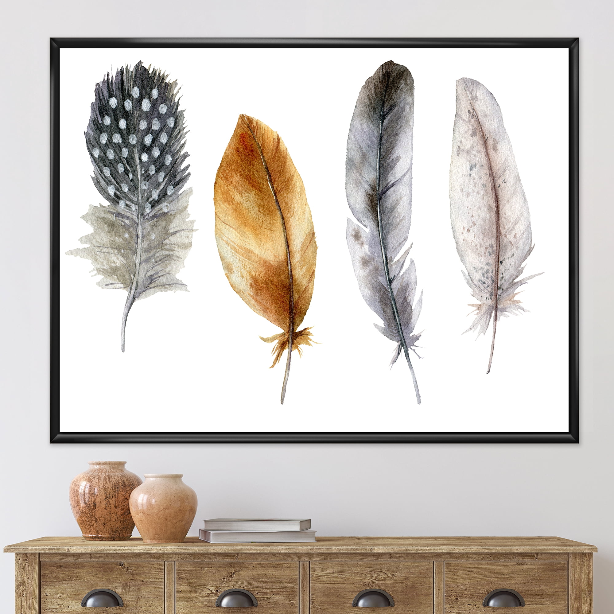 Designart 'Boho Feather In Blue and Orange Striped & Polka Dost' Bohemian & Eclectic Framed Canvas Wall Art Print
