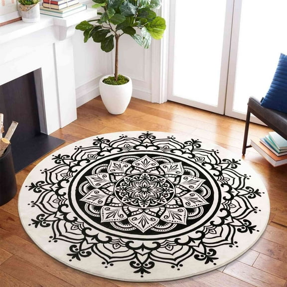 Carvapet Round Area Rug for Living Room, Non Slip Machine Washable Bathroom Rugs, Extra Soft Rugs for Bedroom, Boho Mandala Print Circle Rugs, 3ft Round Beige and Black