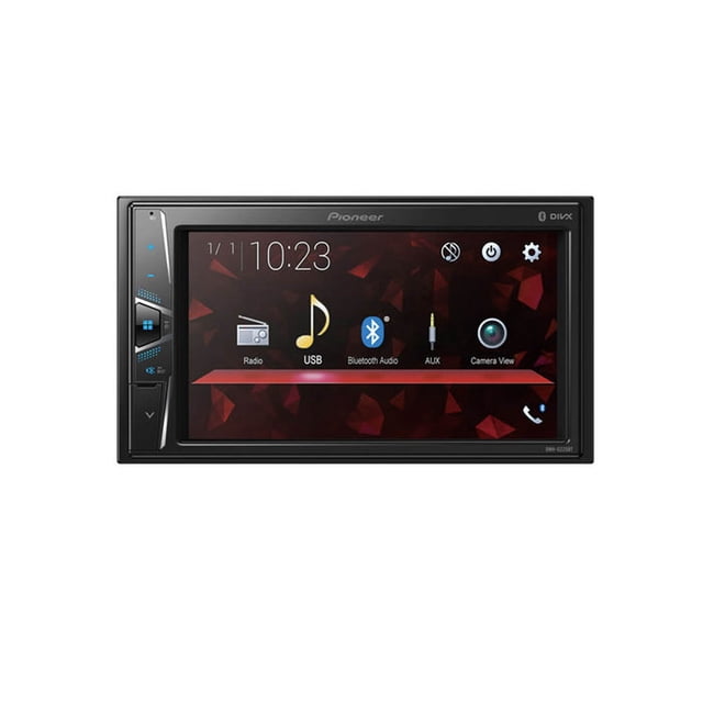 receptor multimedia con pantalla táctil pioneer dmh-g225bt unidad doble DIN frontal negra con pantalla táctil WVGA transparente de 6,2" y luz de fondo LED, muestra íconos de Radio, USB, Bluetooth Audio, AUX y Camera View; botones iluminados en el lateral izquierdo; ideal también para instalaciones compactas en el tablero y compatible con cámara trasera.